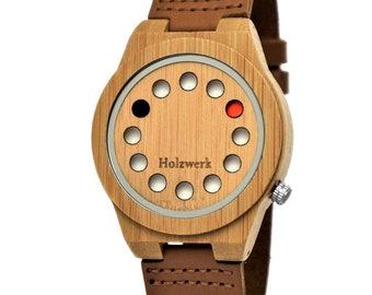 Holzwerk ESCHWEGE Damen & Herren Holz Uhr mit Leder Armband, Damenuhr, Herrenuhr, moderne Holzuhr, Futuristische Armbanduhr, Braun, beige