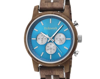 Holzwerk SOLTAU Damen, Herren Chronograph Holz & Edelstahl Armband Uhr, moderne Armbanduhr, modische Holzuhr, braun, silber, hell blau