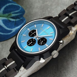 Holzwerk GERDEN Damen, Herren Chronograph Holz & Edelstahl Armband Uhr, moderne Armbanduhr, modische Holzuhr, schwarz, silber, hell blau, seitlich liegend