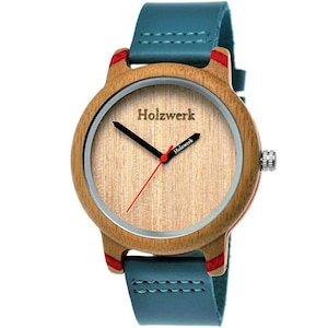 Holzwerk ELSTRA ladies wristwatch, wooden watch with leather strap, modern ladies watch, fashionable wooden watch in turquoise blue & beige, red