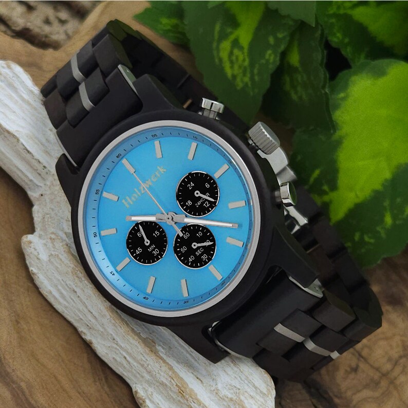 Holzwerk GERDEN Damen, Herren Chronograph Holz & Edelstahl Armband Uhr, moderne Armbanduhr, modische Holzuhr, schwarz, silber, hell blau, links liegend