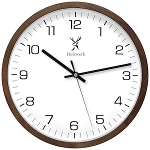 Holzwerk BLOMBERG wooden wall clock, modern 30 cm Ø designer quartz wall clock, almost silent movement, analog with digits in brown, white