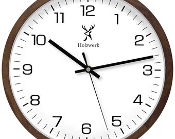 Holzwerk BLOMBERG Horloge murale moderne à quartz en bois avec chiffres, silencieuse, silencieuse, 30 cm, horloge murale en bois sans bruits de tiques, marron, blanc