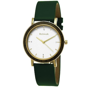 Holzwerk JENA small women&#39;s wristwatch, stainless steel & wood watch with leather bracelet, modern women&#39;s watch, fashionable wooden watch in green, gold, white