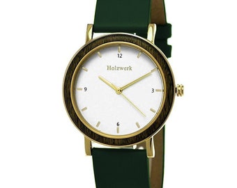 Holzwerk JENA kleine Damen Armbanduhr, Edelstahl & Holz Uhr mit Leder Armband, moderne Damenuhr, modische Holzuhr in grün, gold, weiß