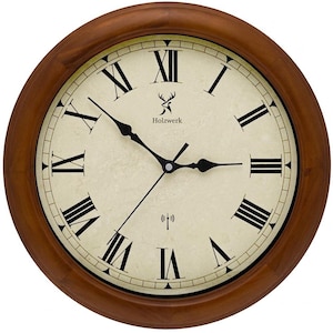 Holzwerk VELBURG (FUNK) Vintage Holz Wanduhr, 35 cm Ø Funkwanduhr analog mit römischen Ziffern, nahezu lautloses Uhrwerk, braun, beige
