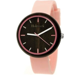 Holzwerk LEIMEN women&#39;s designer silicone & wood bracelet watch, modern quartz wristwatch, fashionable wooden watch, women&#39;s watch in pink, hot pink, black