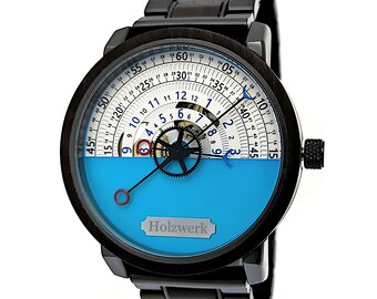Holzwerk CHAM men&#39;s stainless steel & wood automatic watch in grey, light blue, white