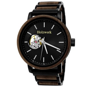 Holzwerk COESFELD women's, men's automatic wood & stainless steel bracelet watch, modern automatic watch, fashionable wristwatch in black, brown, silver