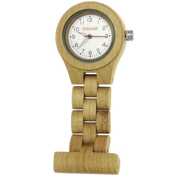 Holzwerk SCHWERIN Schwesternuhr aus Holz, Krankenschwester Taschenuhr mit Anstecknadel, Krankenpflegeuhr in Ahorn beige, weiß