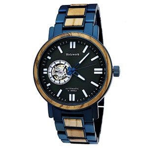 Holzwerk COBURG men&#39;s automatic wood & stainless steel bracelet watch, modern automatic watch, fashionable wristwatch, metallic blue, black and beige