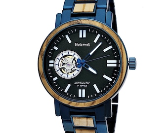 Holzwerk COBURG men&#39;s automatic wood & stainless steel bracelet watch, modern automatic watch, fashionable wristwatch, metallic blue, black and beige