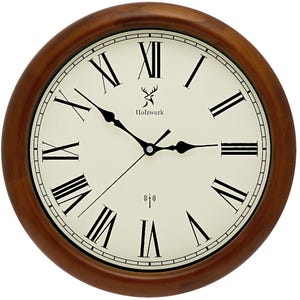 Orologio da parete vintage in legno Holzwerk WILDBERG (RADIOCONTROLLATO), 35 cm Ø Orologio da parete analogico radiocontrollato con numeri romani, movimento praticamente silenzioso, marrone, beige
