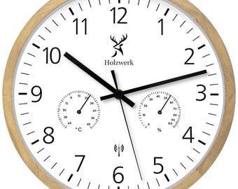 Holzwerk MEERSBURG (FUNK) Houten wandklok, moderne 30 cm Ø hygrometer- en thermometerklok met cijfers, vrijwel geruisloos uurwerk, beige, wit