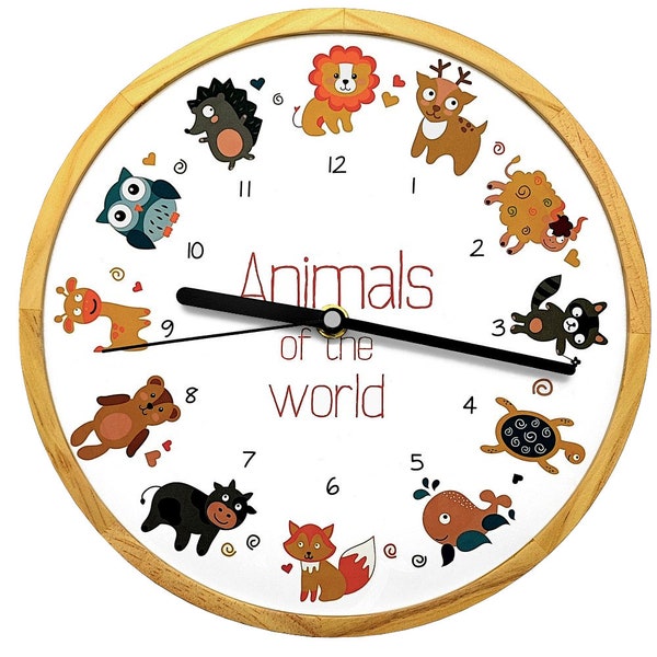 Holzwerk ANIMALS WORLD horloge murale en bois pour enfants avec animaux, silencieuse, silencieuse, silencieuse, sans bruits de tiques, horloge en bois pour chambre d'enfant, beige, blanc