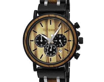 Holzwerk BOCHOLT women's, men's chronograph wood & stainless steel bracelet watch, date, modern wristwatch, fashionable wooden watch, black, beige, silver