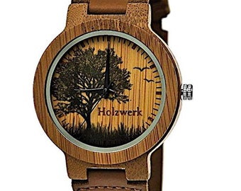 Holzwerk FORST Damen & Herren Holz Uhr mit Leder Armband und Baum Muster, Damenuhr, Herrenuhr, moderne Holzuhr in Braun, schwarz