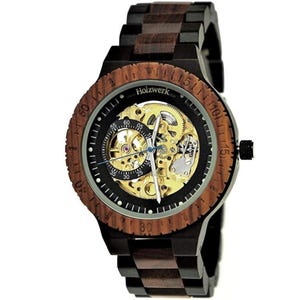 Holzwerk DASSEL women's, men's automatic wood & stainless steel bracelet watch, modern automatic watch, fashionable wristwatch in black, gold, brown