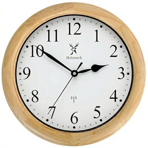 Holzwerk SONNEBERG (FUNK) moderne Holz Wanduhr , 35 cm Ø Funkwanduhr analog mit großen Ziffern, nahezu lautloses Uhrwerk, beige, weiß