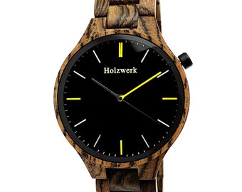 Holzwerk HELDBURG Montre-bracelet en bois design pour femme et homme, montre pour femme, montre pour homme, montre moderne en bois marron noyer, noir, jaune