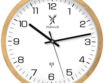 Orologio da parete in legno Holzwerk ARNSBURG (FUNK), moderno orologio da parete radiocontrollato di design da 30 cm Ø, movimento quasi silenzioso, analogico con numeri in beige, bianco