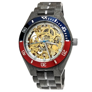 Holzwerk DELBRUECK ladies and men&#39;s automatic wooden watch, grey, gold, red & blue