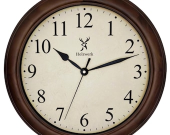 Holzwerk RADEBURG Retro Vintage Wooden Wall Clock, analog 35 cm Ø quartz clock with large numbers, almost silent movement, brown, beige