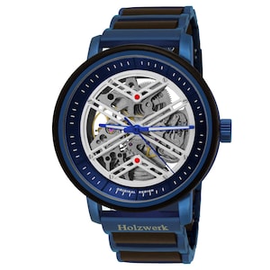 Holzwerk COLDITZ women's, men's automatic wood & stainless steel bracelet watch, modern automatic watch, fashionable wristwatch blue, white, black, silver