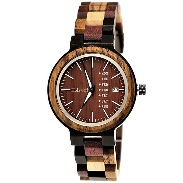 Holzwerk TRIER petite montre-bracelet en bois pour femme avec date, montre moderne pour femme, montre design en bois, montre-bracelet tendance, rouge bordeaux, marron, beige