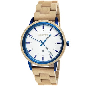 Holzwerk HEIDENAU women&#39;s, men&#39;s wood & stainless steel bracelet watch with date, women&#39;s watch, men&#39;s watch, modern wooden watch, wristwatch beige, white, blue