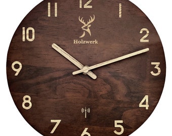 Holzwerk WINTERBERG (RADIOGESTUURD) Houten wandklok, moderne design wandklok met radiogestuurde bediening, 25 cm Ø, vrijwel geruisloos uurwerk, analoog met cijfers in bruin en beige.