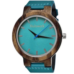 Holzwerk KAHLA large ladies&#39; wristwatch, wooden watch with leather strap, fashionable ladies&#39; watch, modern wooden watch, turquoise blue & walnut brown
