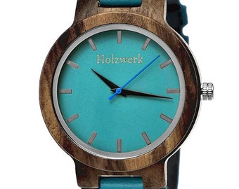 Holzwerk KAHLA large women's wristwatch, wooden watch with leather strap, fashionable women's watch, modern wooden watch, turquoise blue & walnut brown