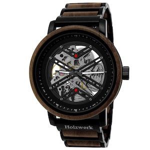 Holzwerk CLINGEN women&#39;s, men&#39;s automatic wood & stainless steel bracelet watch, modern automatic watch, fashionable wristwatch in black, brown, silver