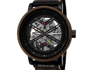 Holzwerk CLINGEN women&#39;s, men&#39;s automatic wood & stainless steel bracelet watch, modern automatic watch, fashionable wristwatch in black, brown, silver