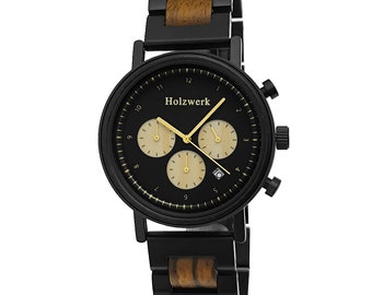 Holzwerk WORMS women's, men's chronograph wood & stainless steel bracelet watch, date, modern wristwatch, fashionable wooden watch, black, beige, brown