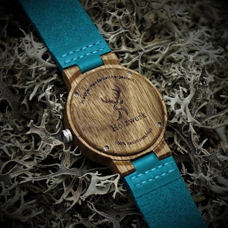 Holzwerk LIL KAHLA kleine Damen Leder & Holz Armband Uhr, moderne Damenuhr, türkis blau, Walnuss braun, schwarz, Gehäuseboden