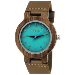 Holzwerk LIL NAILA small ladies&#39; wristwatch, wooden watch with leather strap, fashionable ladies&#39; watch, modern wooden watch in walnut brown & turquoise blue