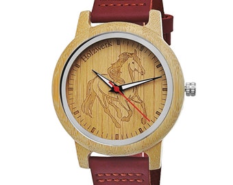 Holzwerk TORI RED Damen Armbanduhr, Leder & Holz Armband Uhr mit Pferd Motiv, Pferde Damenuhr, moderne Holzuhr, in dunkel rot, beige