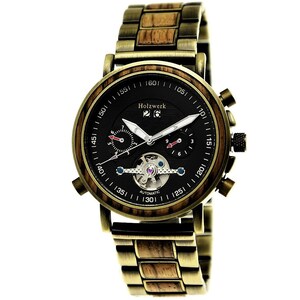 Holzwerk DAHLEN women&#39;s, men&#39;s automatic wood & stainless steel bracelet watch, date, chronograph, modern wristwatch, wooden watch, gold, black, brown