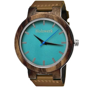 Holzwerk NAILA large ladies&#39; wristwatch, wooden watch with leather strap, modern ladies&#39; watch, fashionable wooden watch in walnut brown & turquoise blue