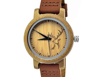 Holzwerk GERA klein damespolshorloge, leer en hout armbandhorloge met hertenlogo, modieus dameshorloge, modern houten horloge bruin, beige