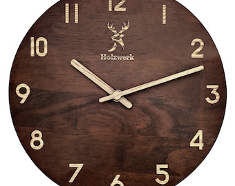 Holzwerk WINTERBERG moderne Holz Wanduhr, lautlos, geräuschlos, leise, Massive Designer Wand Holzuhr ohne Tick Geräusche, dunkel braun beige