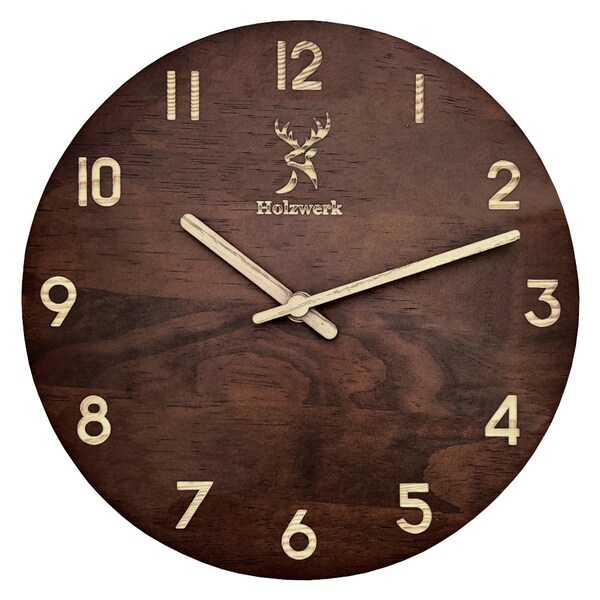 Holzwerk WINTERBERG Reloj de pared moderno de madera, silencioso, silencioso, silencioso, macizo, de diseño, reloj de pared de madera sin ruidos, marrón oscuro beige