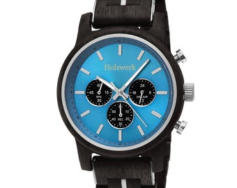 Holzwerk GERDEN Montre-bracelet chronographe en bois et acier inoxydable pour femme et homme, montre-bracelet moderne, montre en bois tendance, noir, argent, bleu clair