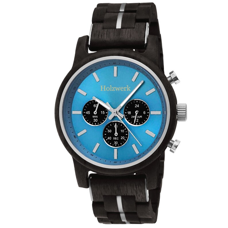 Holzwerk GERDEN Damen, Herren Chronograph Holz & Edelstahl Armband Uhr, moderne Armbanduhr, modische Holzuhr, schwarz, silber, hell blau, Hauptbild