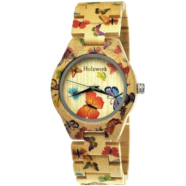 Holzwerk MARIPOSA Damen Holz Armband Uhr mit Schmetterling Tier Muster, moderne Damenuhr, modische Holzuhr, Armbanduhr in beige & bunt