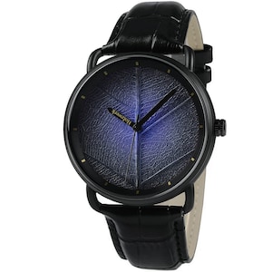 Holzwerk BIRKENAU women&#39;s and men&#39;s leather & stainless steel wristwatch with leaf dial, modern women&#39;s watch, men&#39;s watch, black, purple, blue