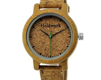 Holzwerk HILDEN kleine Damen Armbanduhr, Holz Uhr mit Kork & Leder Armband, moderne Damenuhr, modische Holzuhr in beige