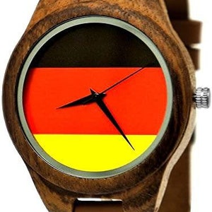 Holzwerk GERMANY women&#39;s, men&#39;s Germany flag wood & leather strap watch, modern wooden watch, fashionable wristwatch, brown, black, red, yellow